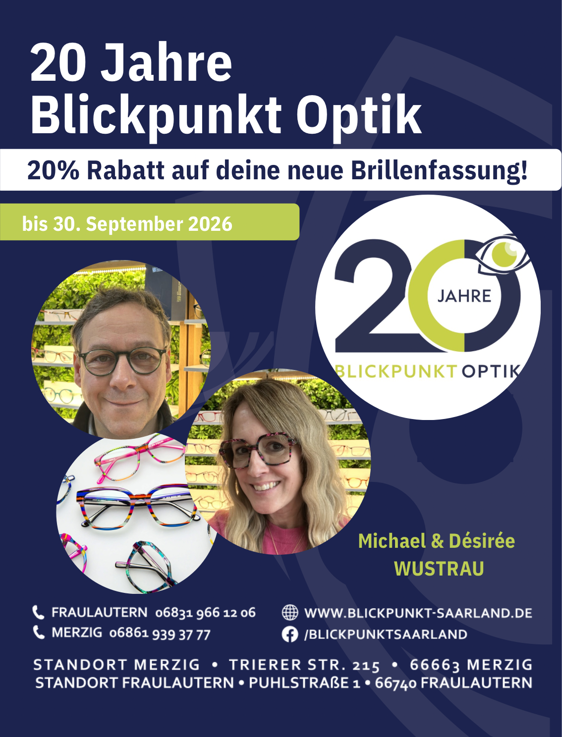 Jubiläumsanzeige mit 20 Prozent Rabatt auf die neue Brillenfassung bis 30. September 2026