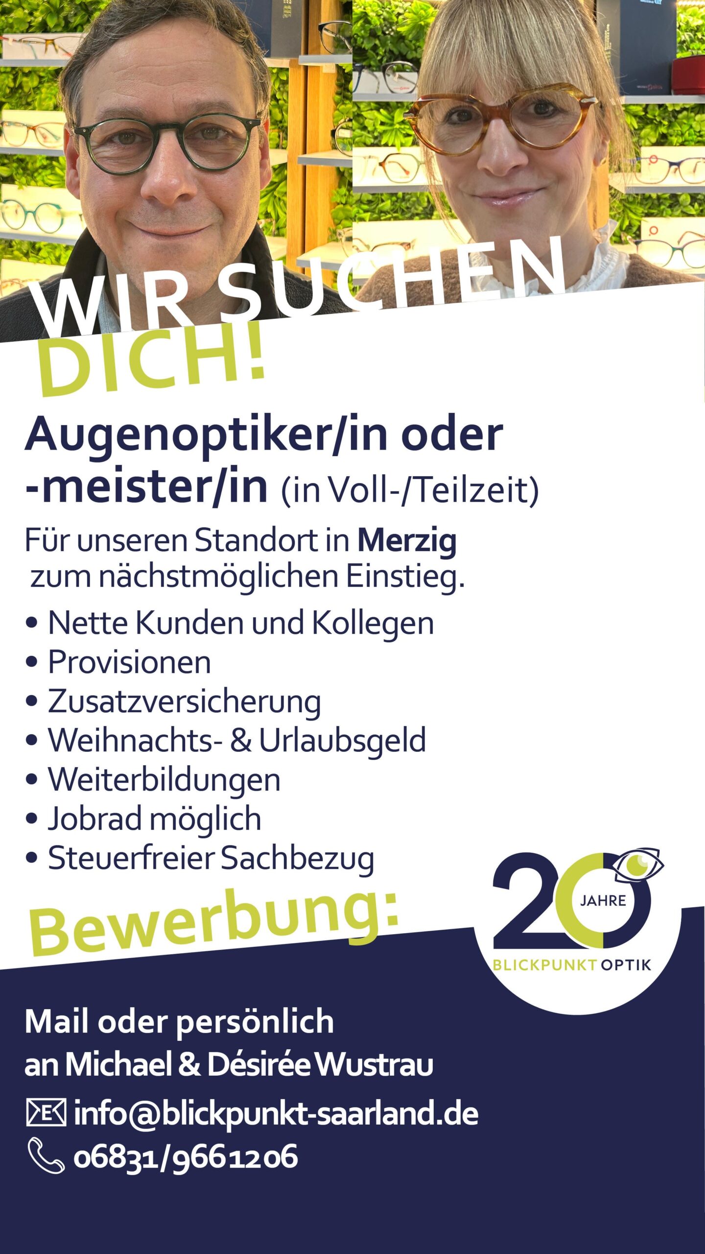 Stellenanzeige für Augenoptiker und Augenoptikermeister in Voll- oder Teilzeit am Standort Merzig