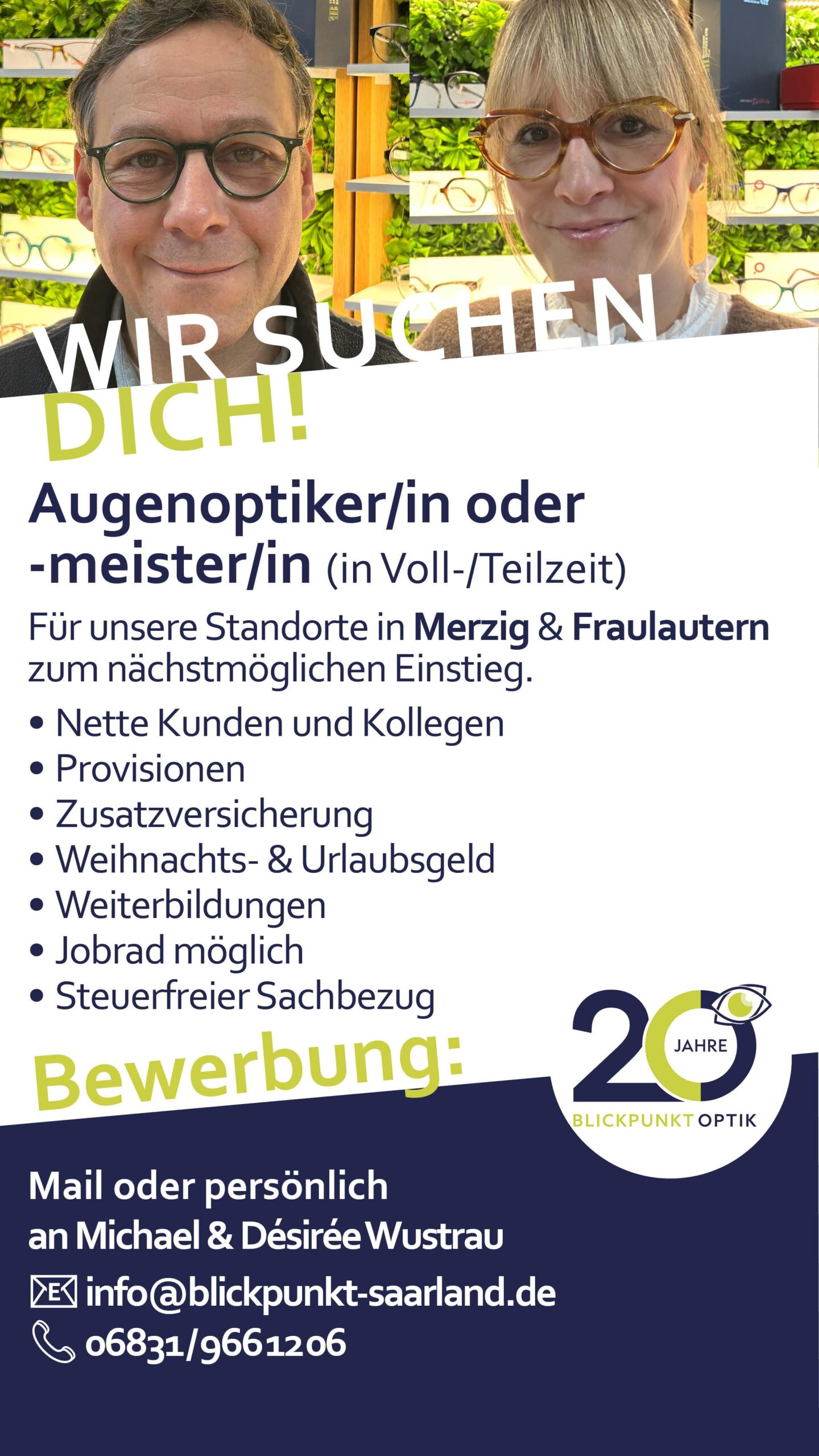 Stellenanzeige für Augenoptiker und Augenoptikermeister in Voll- oder Teilzeit an den Standorten Merzig und Fraulautern